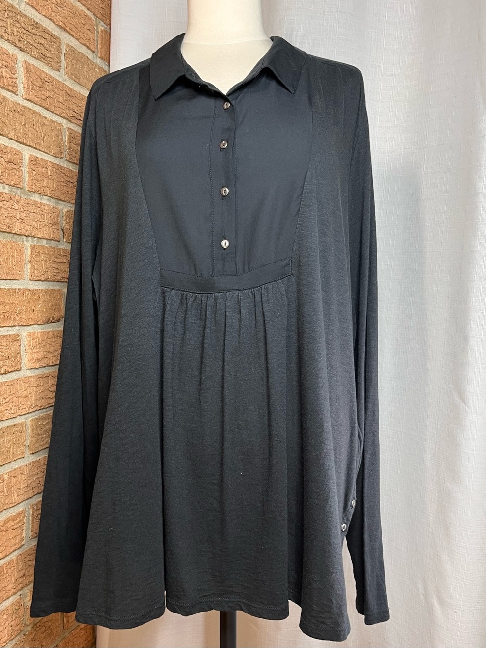 Lucky Brand XL Black Mixed Media Collared Henley Tunic Top Cotton Modal Boho